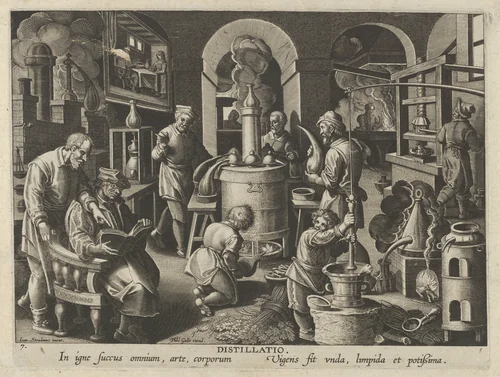 New Inventions of Modern Times [Nova Reperta], The Invention of Distillation, plate 7 by Jan Collaert, print, 1595-1605