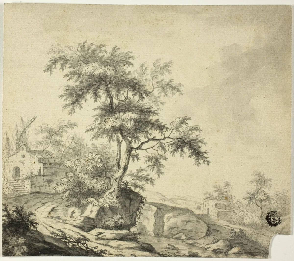 Landscape with Tree on Road to Buildings by Jacob van Ruisdael, drawing, 1648-1682