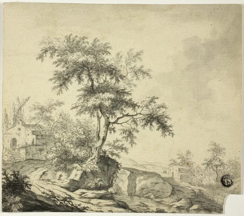 Landscape with Tree on Road to Buildings by Jacob van Ruisdael, drawing, 1648-1682