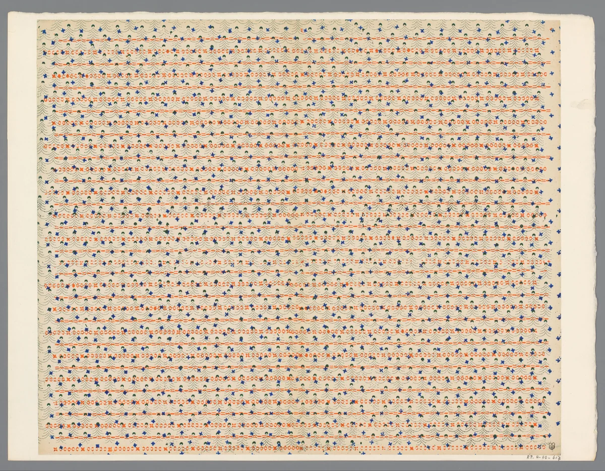 Blad met strooipatroon van verschillende motieven over banenpatroon by anonymous, print, 1800-1900