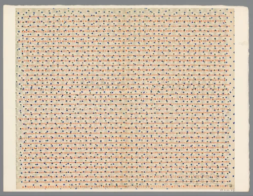 Blad met strooipatroon van verschillende motieven over banenpatroon by anonymous, print, 1800-1900