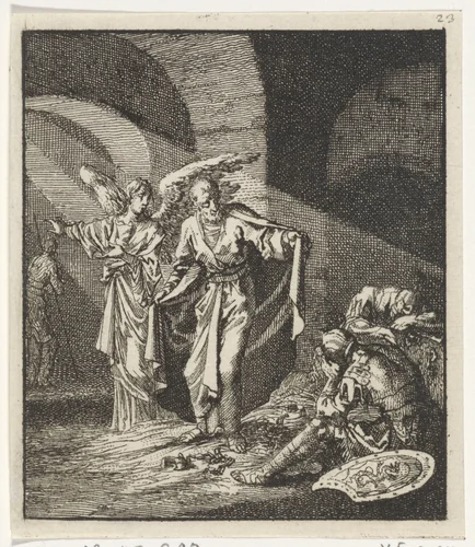 Petrus door de engel uit de gevangenis bevrijd by Jan Luyken, print, 1706