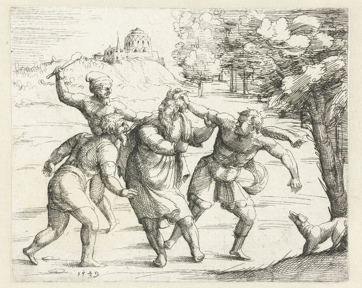 Christus keert zijn rug naar een folteraar by Augustin Hirschvogel, print, 1549