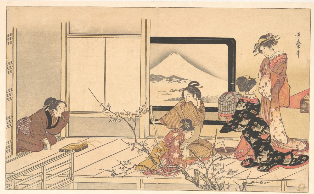 “Preparing Food for the Warbler,” from the album Men’s Stamping Dance (Otoko dōka, uguisu no esa suri) by Kitagawa Utamaro (喜多川歌麿), print, 1798