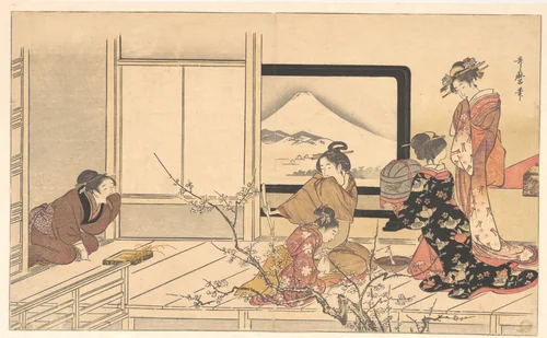 “Preparing Food for the Warbler,” from the album Men’s Stamping Dance (Otoko dōka, uguisu no esa suri) by Kitagawa Utamaro (喜多川歌麿), print, 1798