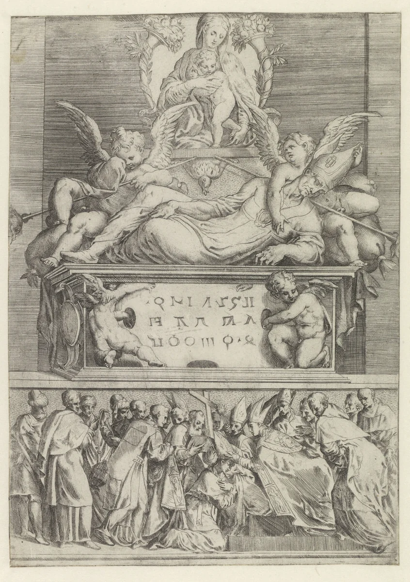 Graf van een bisschop by Battista Angolo del Moro, print, 1524-1575