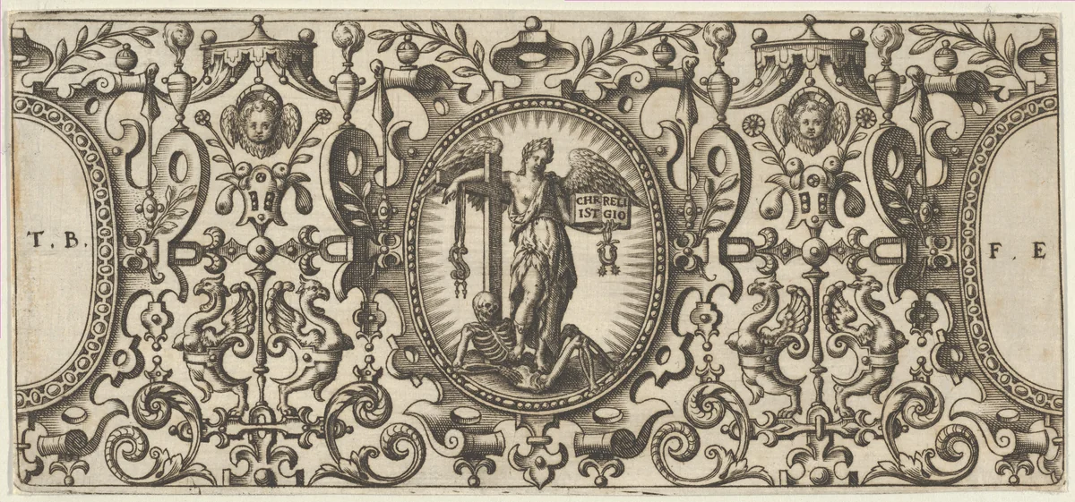 An Angel Trampling a Skeleton, from Grotisch fur alle Kunstler by Theodor de Bry, print, 1580-1600