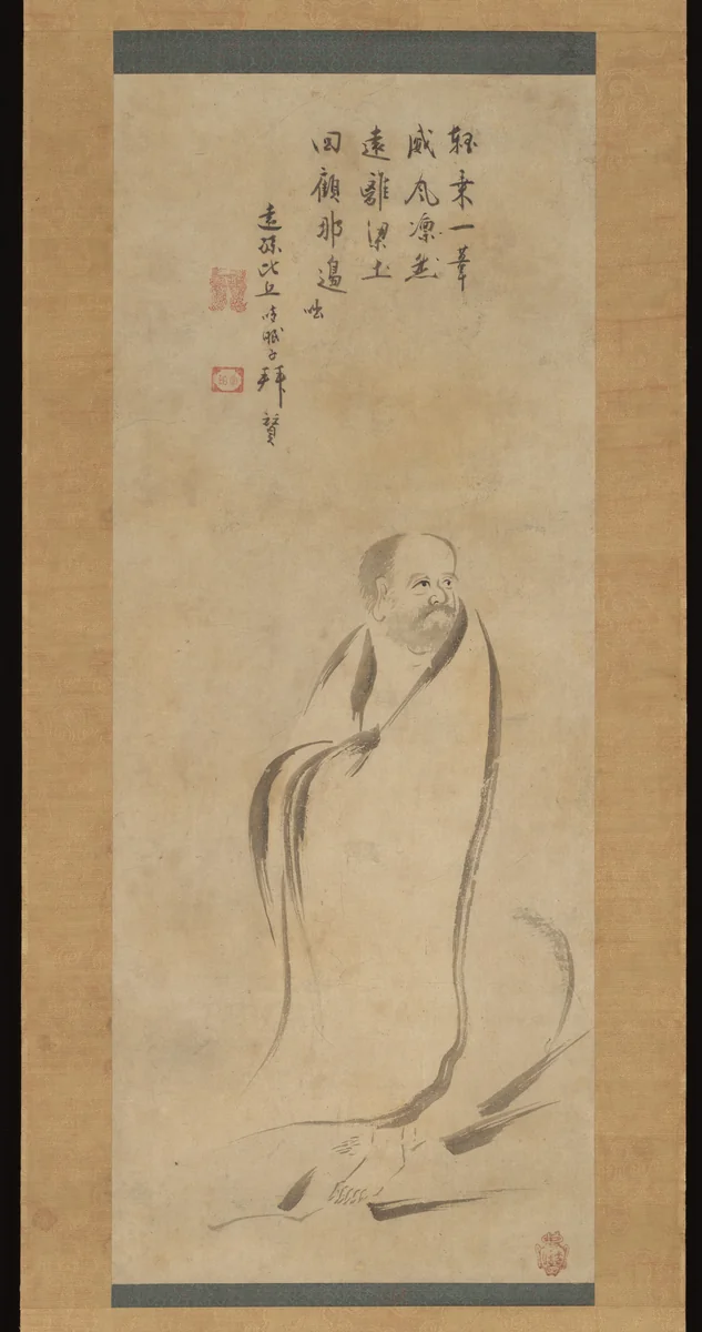 Bodhidharma Crossing the Yangzi River on a Reed by Kano Genshun (狩野元俊), painting, 1615-1641