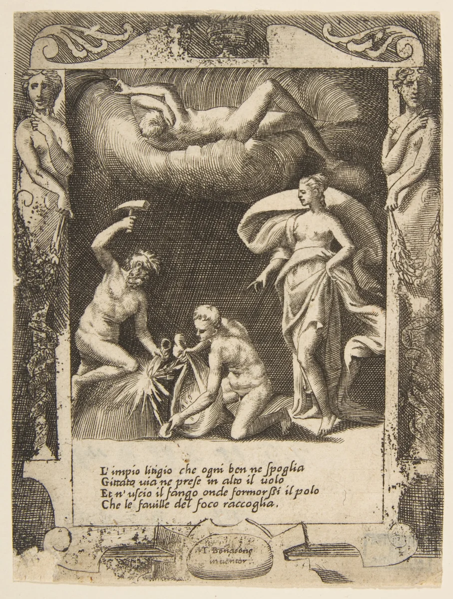 Litigium removed from the body of Chaos while his mother is thrown into the air, set within a frame, from "Loves, Rages and Jealousies of Juno" by Giulio Bonasone, print, 1531-1576