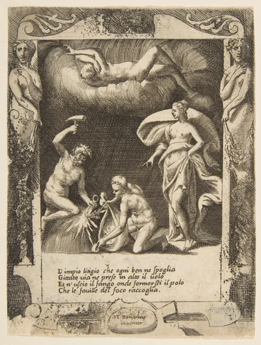 Litigium removed from the body of Chaos while his mother is thrown into the air, set within a frame, from "Loves, Rages and Jealousies of Juno" by Giulio Bonasone, print, 1531-1576