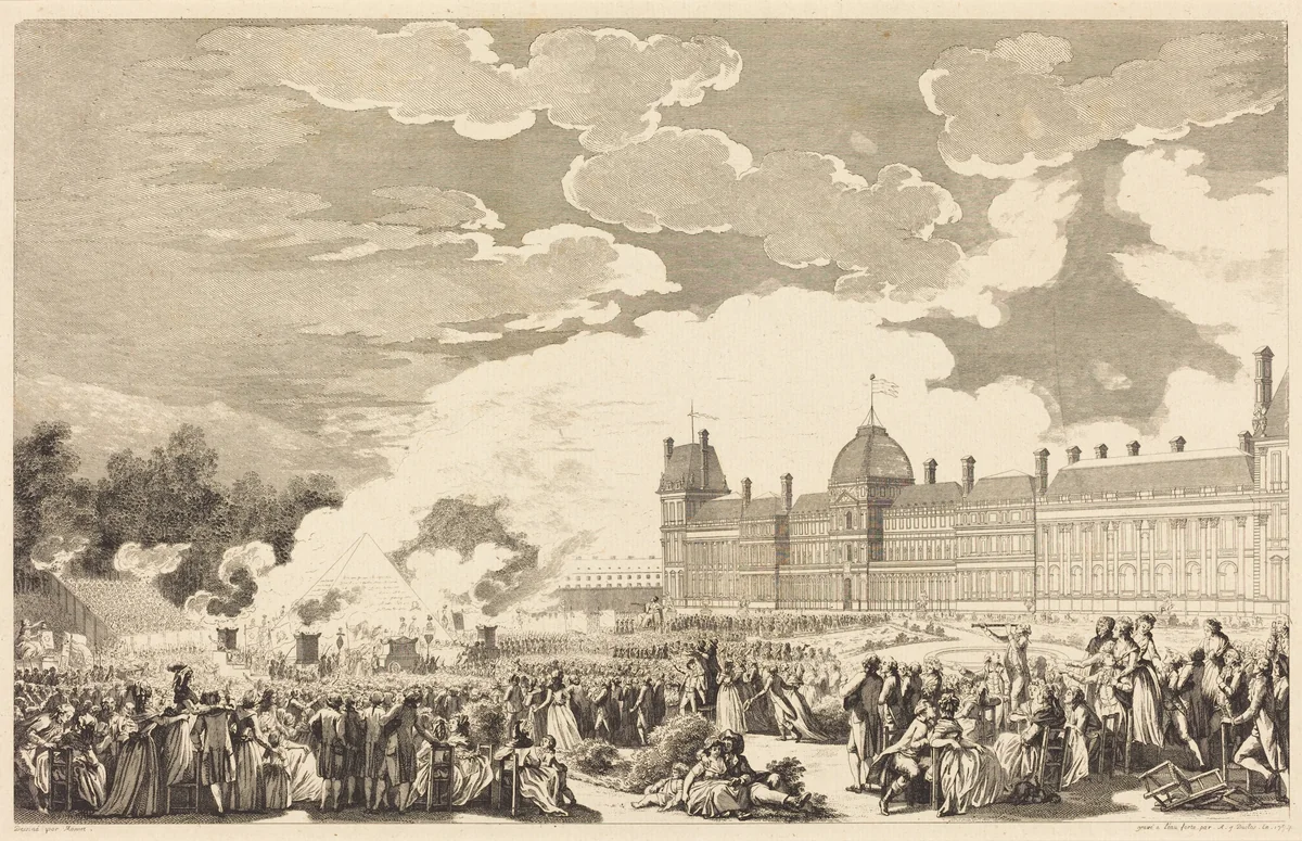 Pompe funèbre en l'honneur des Martyrs de la journée du 10, dans le Jardin National le 26 Aout 1792 by Antoine-Jean Duclos; Charles Monnet, print, 1794