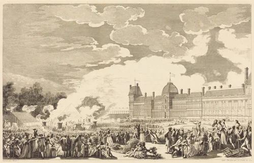 Pompe funèbre en l'honneur des Martyrs de la journée du 10, dans le Jardin National le 26 Aout 1792 by Antoine-Jean Duclos; Charles Monnet, print, 1794