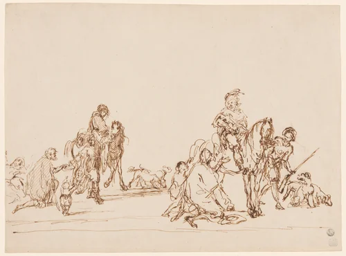 Hunters Giving Alms to Beggars by Carel van Falens, drawing, 1600-1699