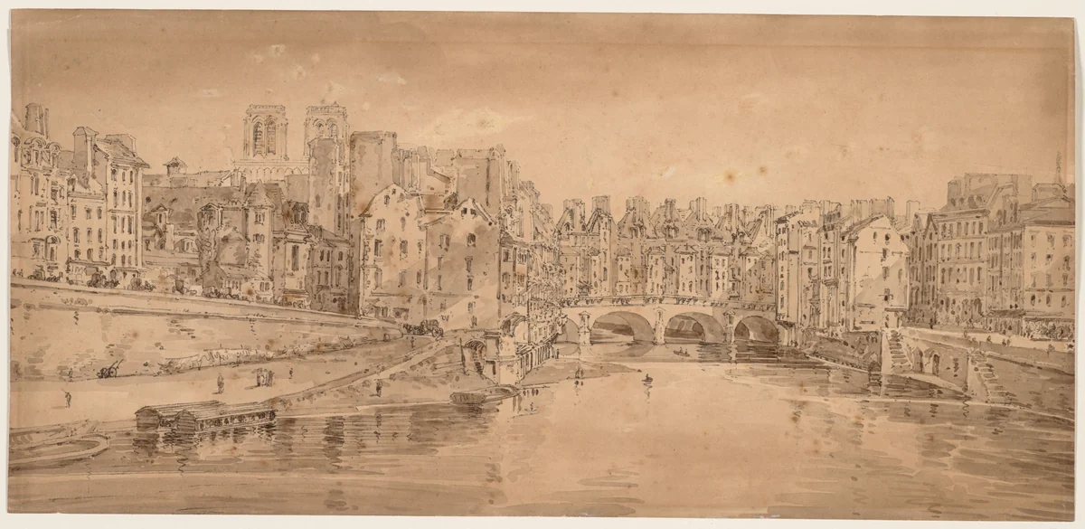 A Selection of Twenty of the Most Picturesque Views in Paris: View of Pont St. Michel, taken from Pont Neuf by Thomas Girtin, print, 1802