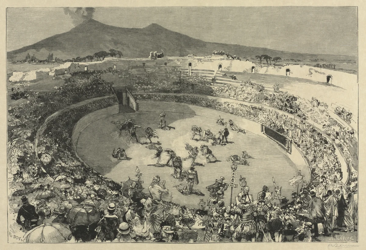 Italy. The Festival of Pompei, The circus of gladiators by Auguste Louis Lepère, print, 1884