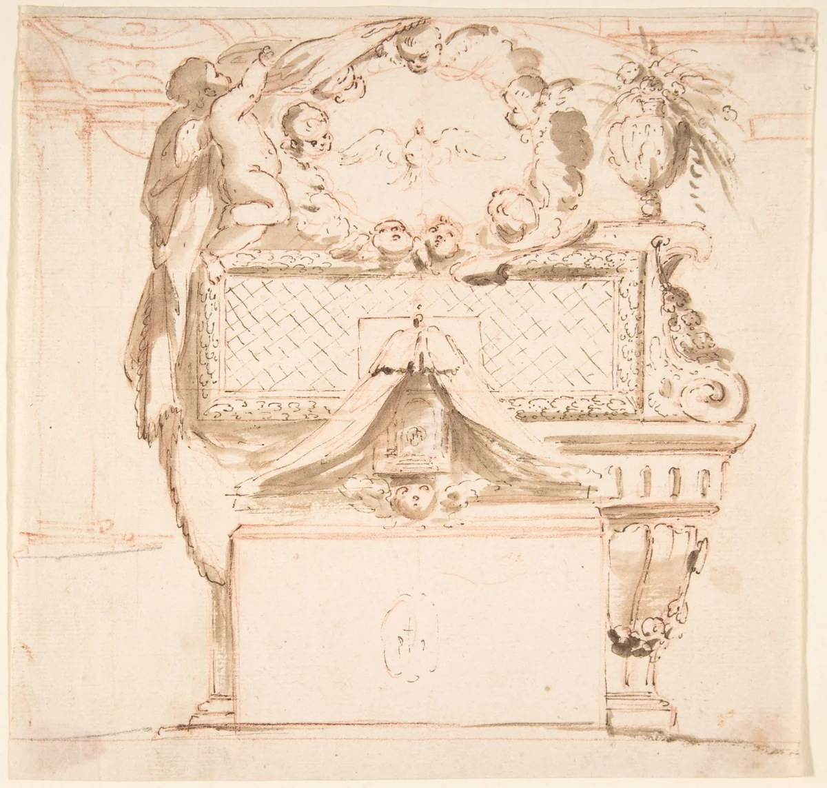 Wall Tomb with Putti by anonymous, drawing, 1600-1699