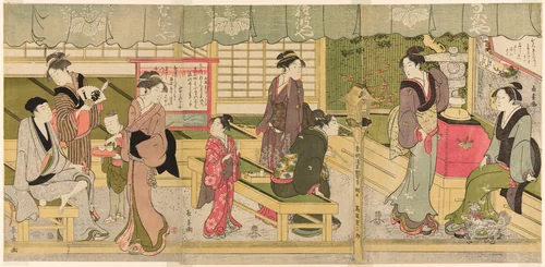 The Front Room of the Naniwaya (Naniwaya misesaki) by Eishosai Choki, print, 1795-1805