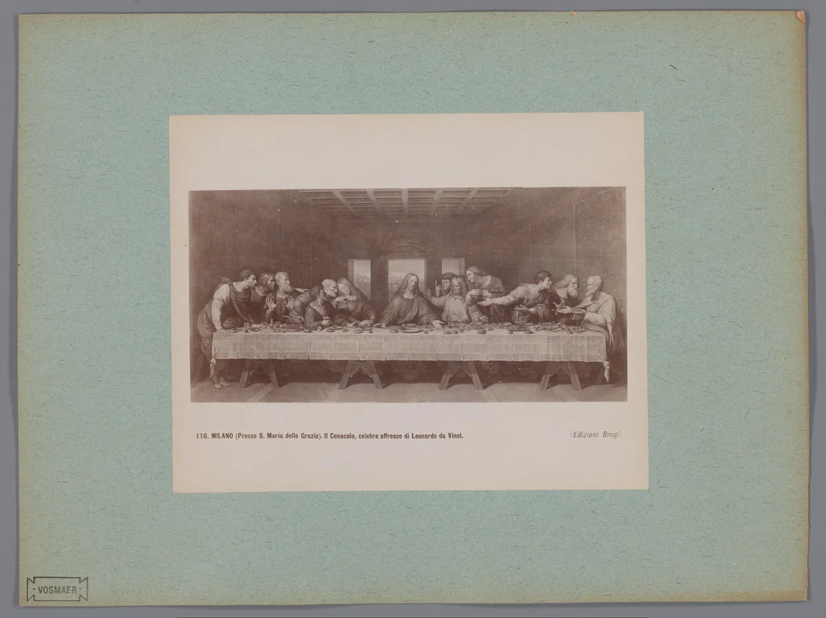Fotoreproductie van een prent naar het fresco Het Laatste Avondmaal door Leonardo da Vinci in klooster S. Maria delle Grazie by anonymous, photograph, 1856-1881