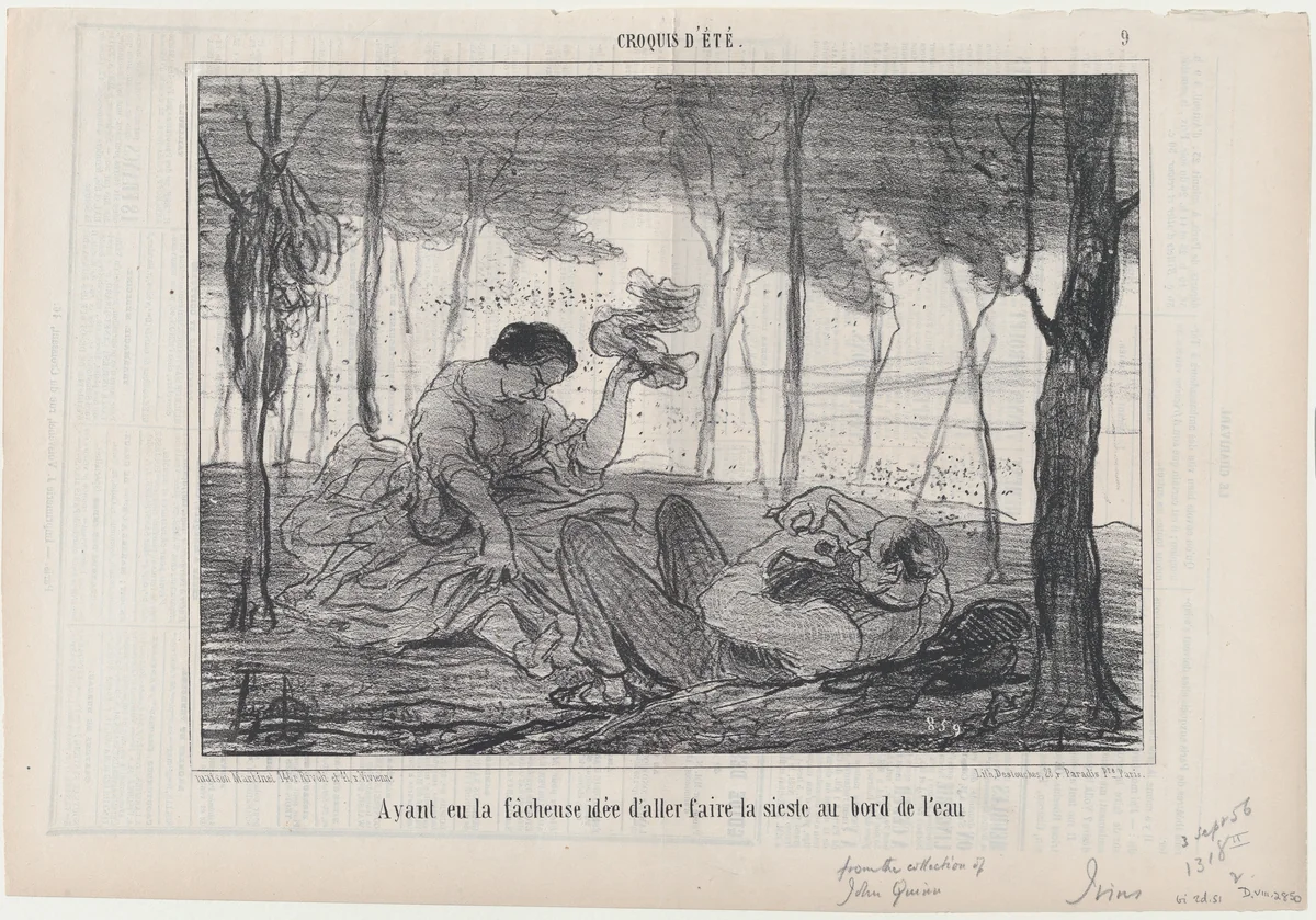 Ayant eu la facheuse idée d'aller...au bord de l'eau, from Croquis d'Été, published in Le Charivari, September 3, 1856 by Honoré Daumier, print, 1856