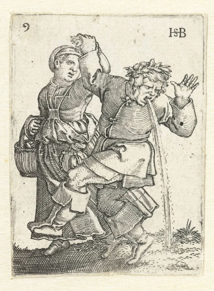 Dansend boerenpaar, man geeft over by Unknown, print, 1537