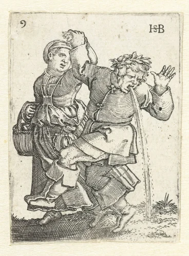 Dansend boerenpaar, man geeft over by Unknown, print, 1537
