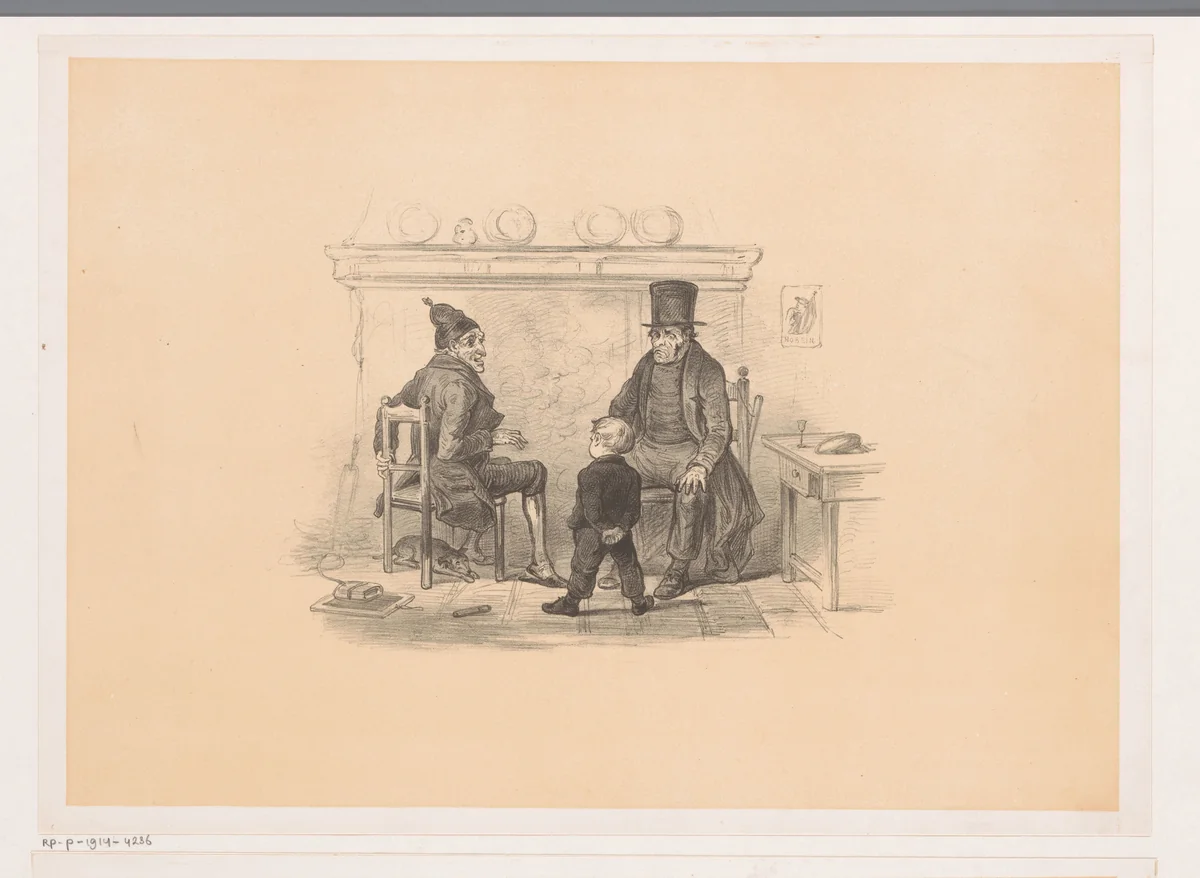 Twee mannen en jongen bij een open haard by Carel Christiaan Antony Last, print, 1856