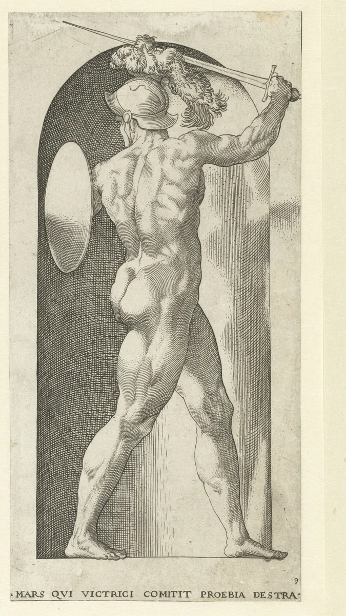 Mars met helm, schild en zwaard by Jacob Binck, print, 1530