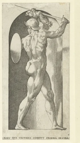 Mars met helm, schild en zwaard by Jacob Binck, print, 1530