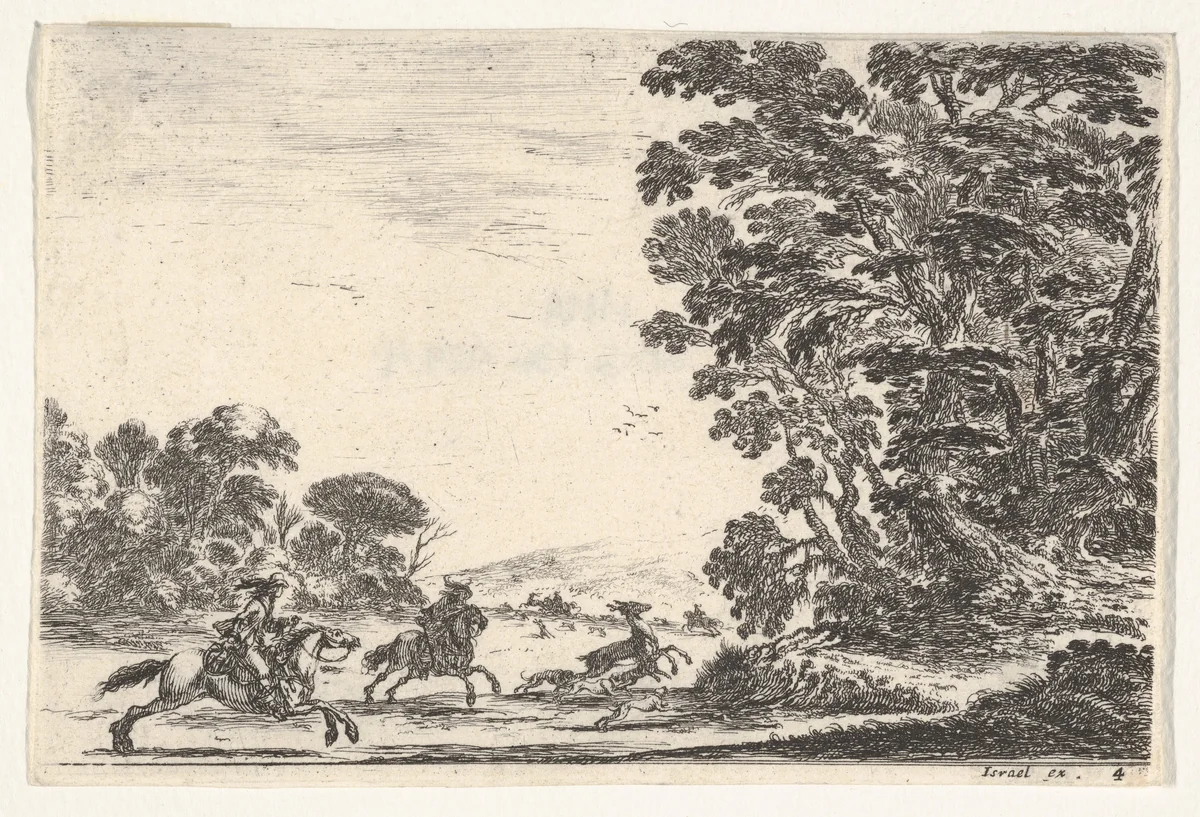 Plate 4: a deer hunt, two horsemen galloping towards the left behind three dogs and a deer, a group of trees to right, from "Various Figures" (Agréable diversité de figures) by Stefano della Bella, print, 1642