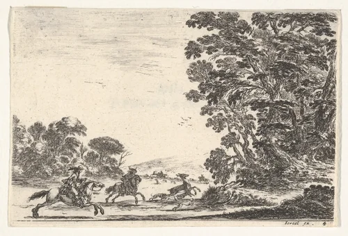 Plate 4: a deer hunt, two horsemen galloping towards the left behind three dogs and a deer, a group of trees to right, from "Various Figures" (Agréable diversité de figures) by Stefano della Bella, print, 1642