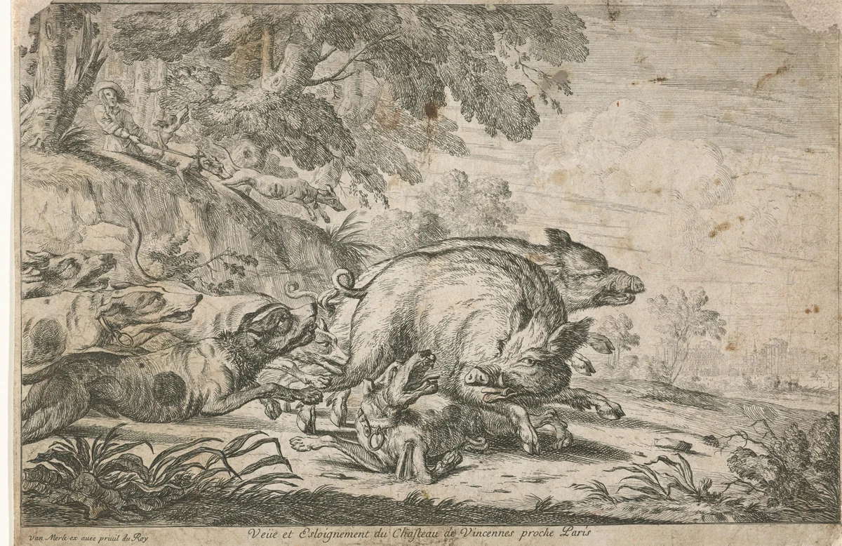 Wilde zwijnenjacht by Gillis Peeters, print, 1622-1653