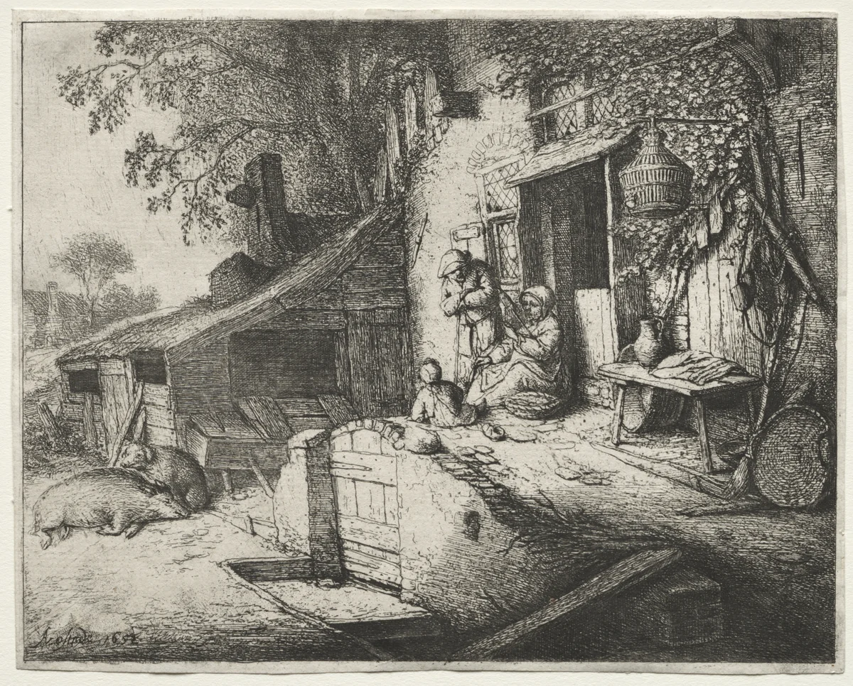 The Woman Spinning by Adriaen van Ostade, print, 1647-1657