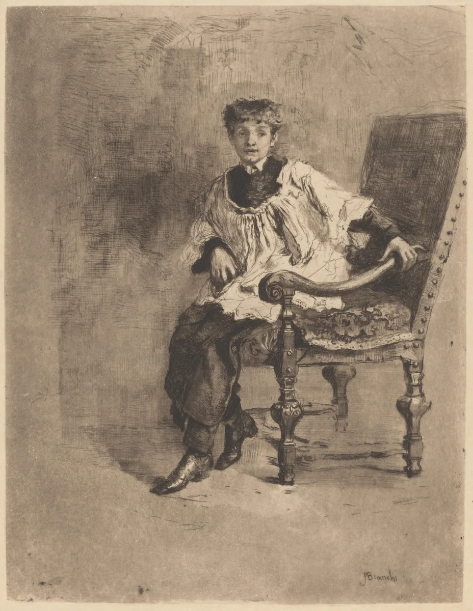 Seated Acolyte by Mosè Bianchi, print, 1840-1904