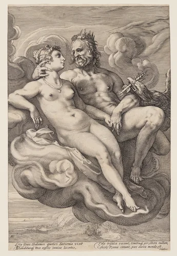 Jupiter and Juno Seated in the Clouds, from Three Paired Gods and Goddesses by Jan Saenredam, print, 1594