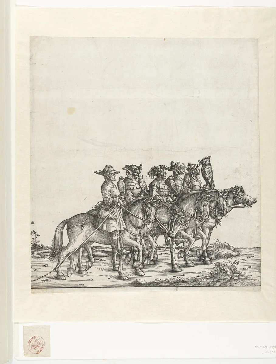 Vijf valkeniers te paard by Unknown, print, 1483-1526