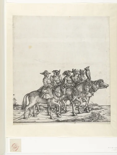 Vijf valkeniers te paard by Unknown, print, 1483-1526