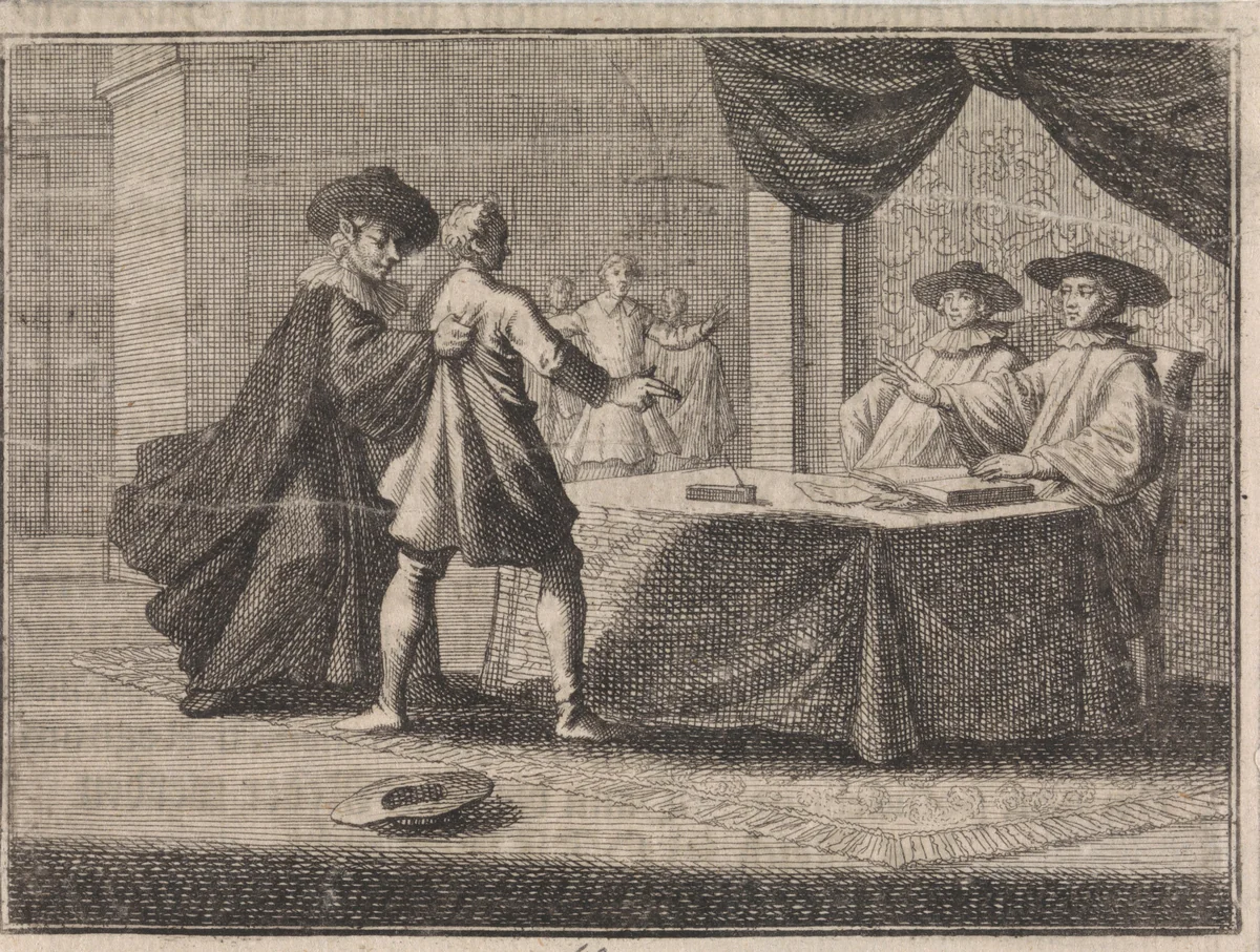 Godslasteraar wordt door de duivel, vermomd als Jood, vastgegrepen by Caspar Luyken, print, 1710