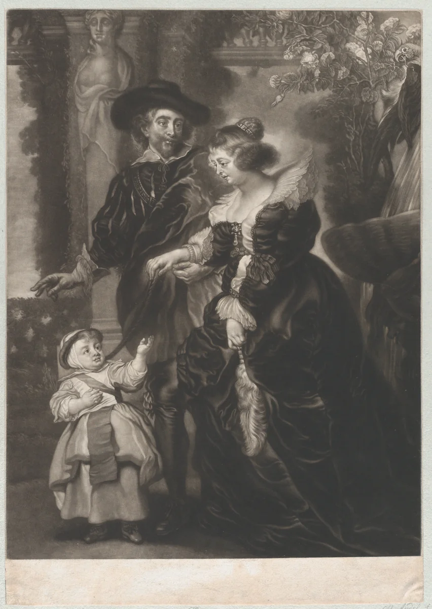 Rubens with his Wife and Child by James McArdell, print, 1740-1765