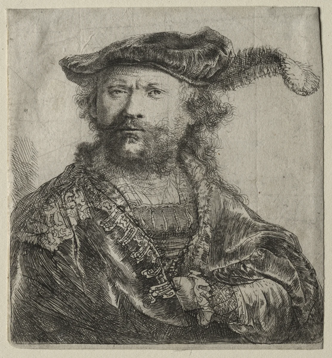Self-Portrait in Velvet Cap with Plume by Rembrandt van Rijn, print, 1638
