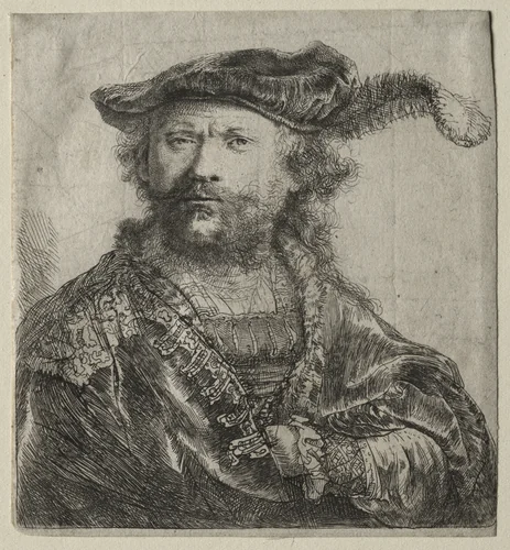 Self-Portrait in Velvet Cap with Plume by Rembrandt van Rijn, print, 1638