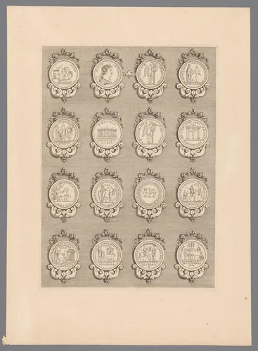 Zestien penningen met versierde lijsten by Simon de la Boissière, print, 1647-1682