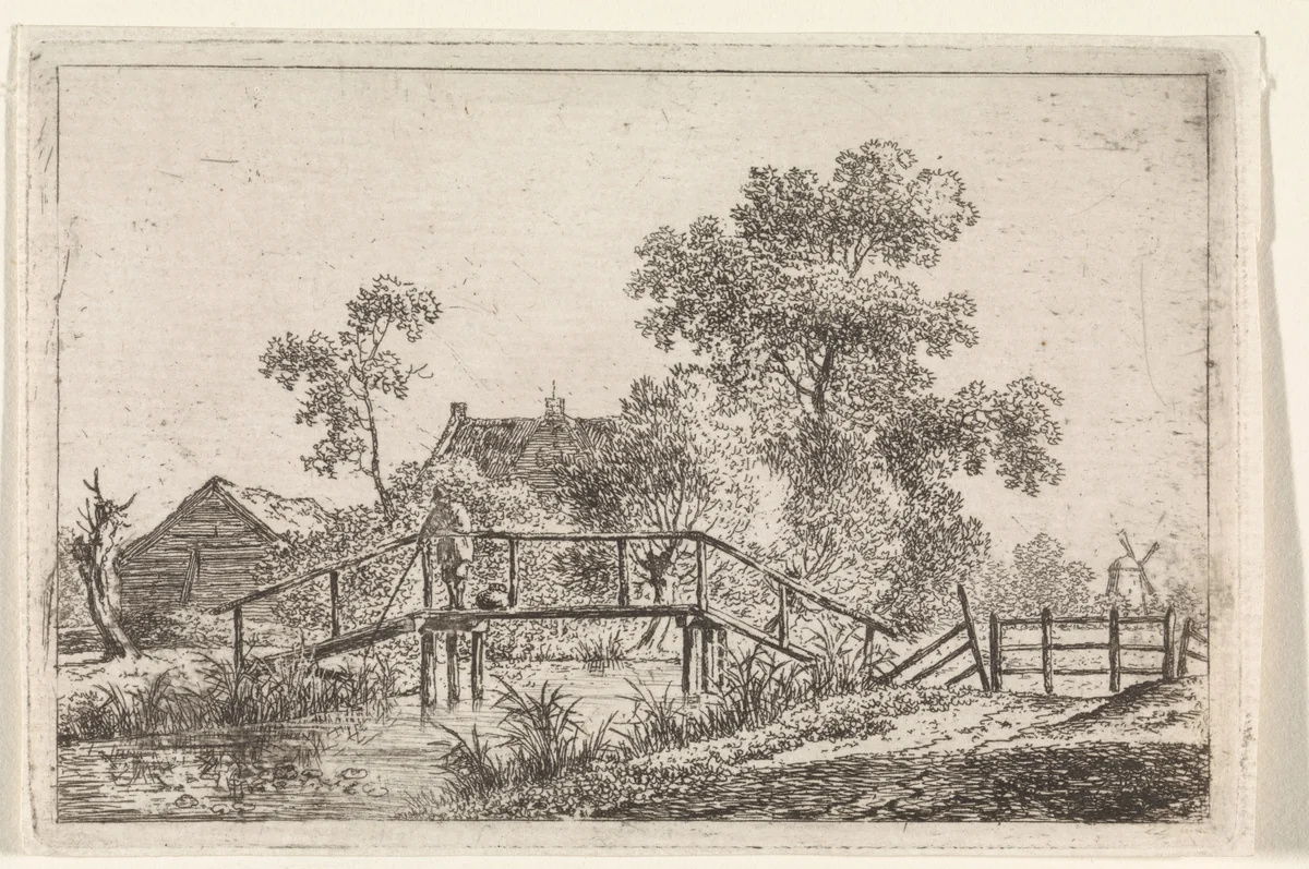 Landschap met visser op brug by Johannes Christiaan Janson, print, 1778-1823