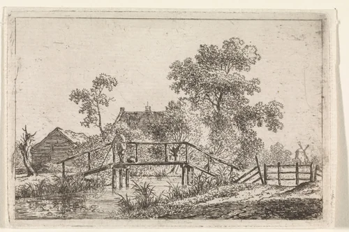 Landschap met visser op brug by Johannes Christiaan Janson, print, 1778-1823