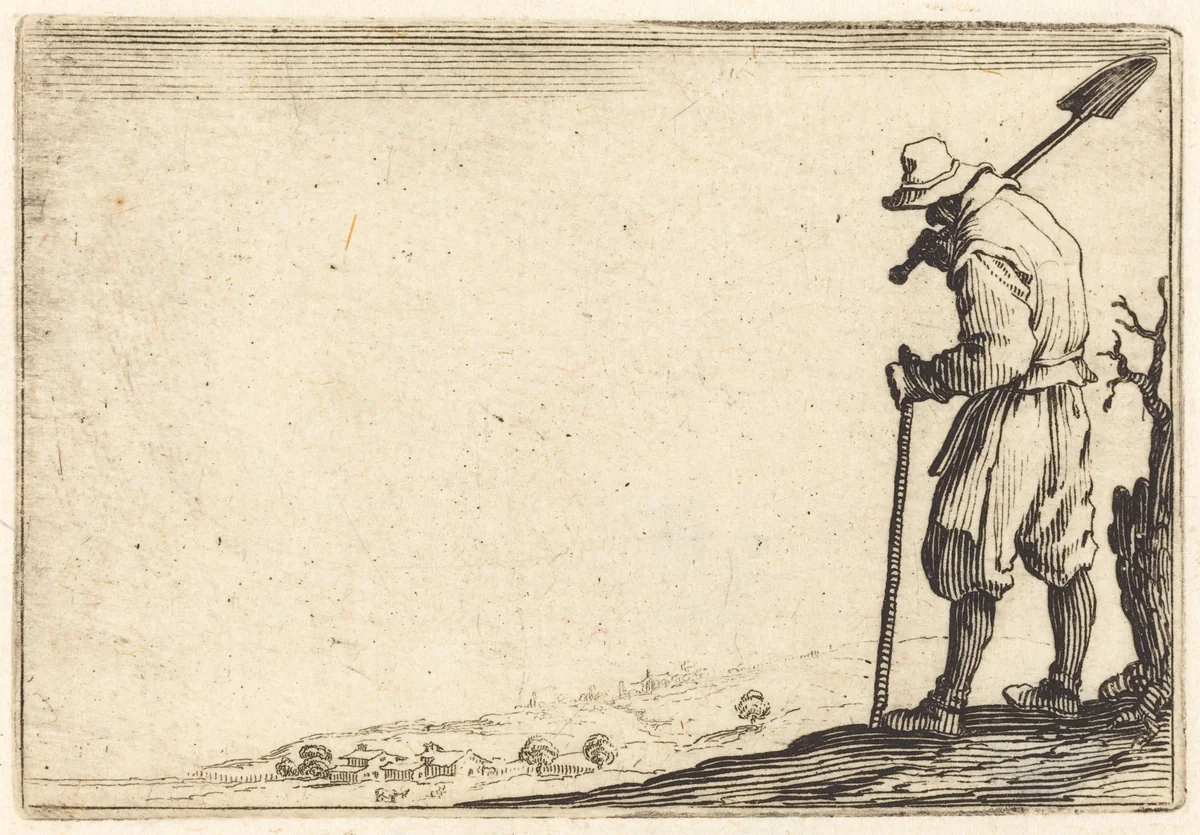 Peasant with Shovel on His Shoulder by Jacques Callot, print, 1622
