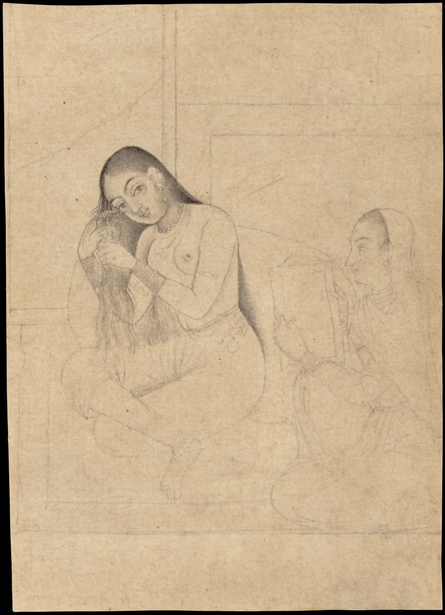 Lady at her Toilette with a Servant by Haydar Ahmad, manuscript, 1700-1799