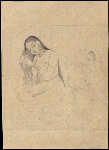 Lady at her Toilette with a Servant by Haydar Ahmad, manuscript, 1700-1799