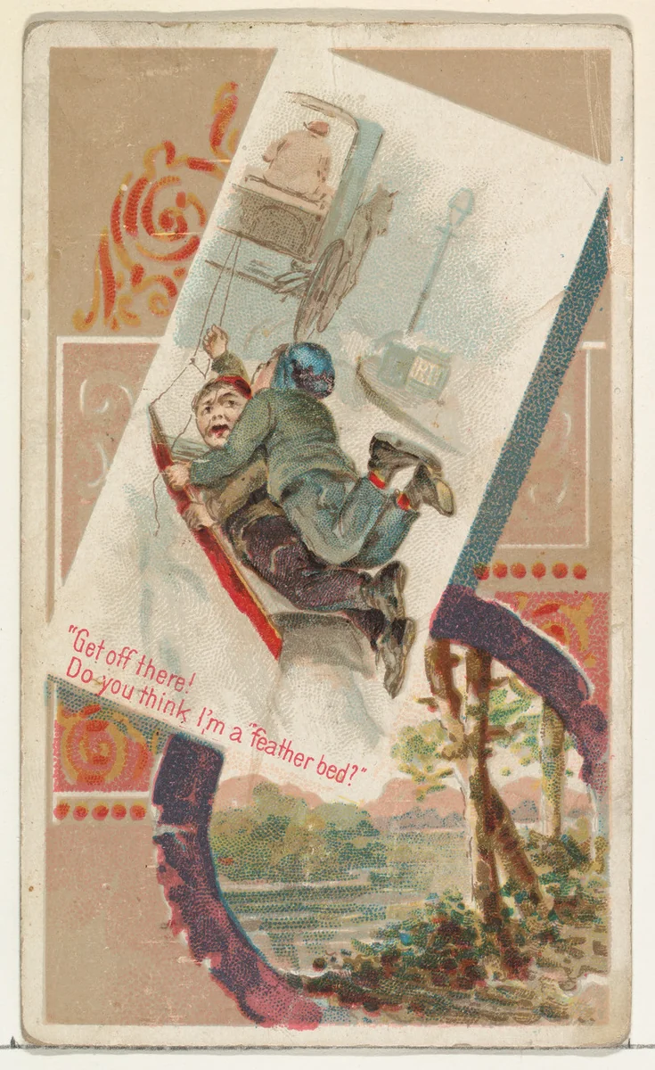"Get off there! Do you think I'm a feather bed?," from the Terrors of America set (N136) issued by Duke Sons & Co. to promote Honest Long Cut Tobacco by W. Duke, Sons & Co., print, 1888-1889