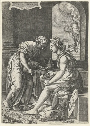 Artemisia drinkt het as van haar man Mausolus by Unknown, print, 1537-1541