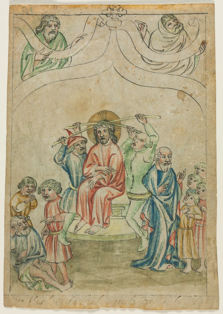 Single Leaf from a Biblia Pauperum: Christ Crowned with Thorns (recto) by Unknown, manuscript, 1405-1415