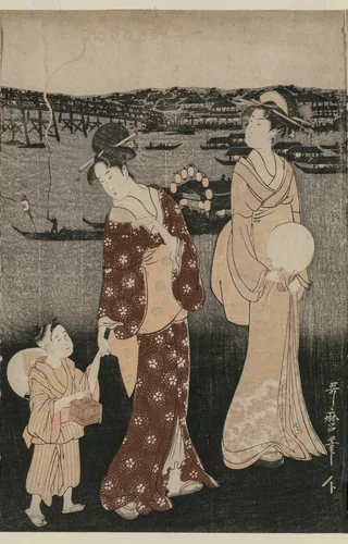 Women Enjoying the Evening Cool Near Ryogoku Bridge by Kitagawa Utamaro (喜多川歌麿), print, 1794-1797